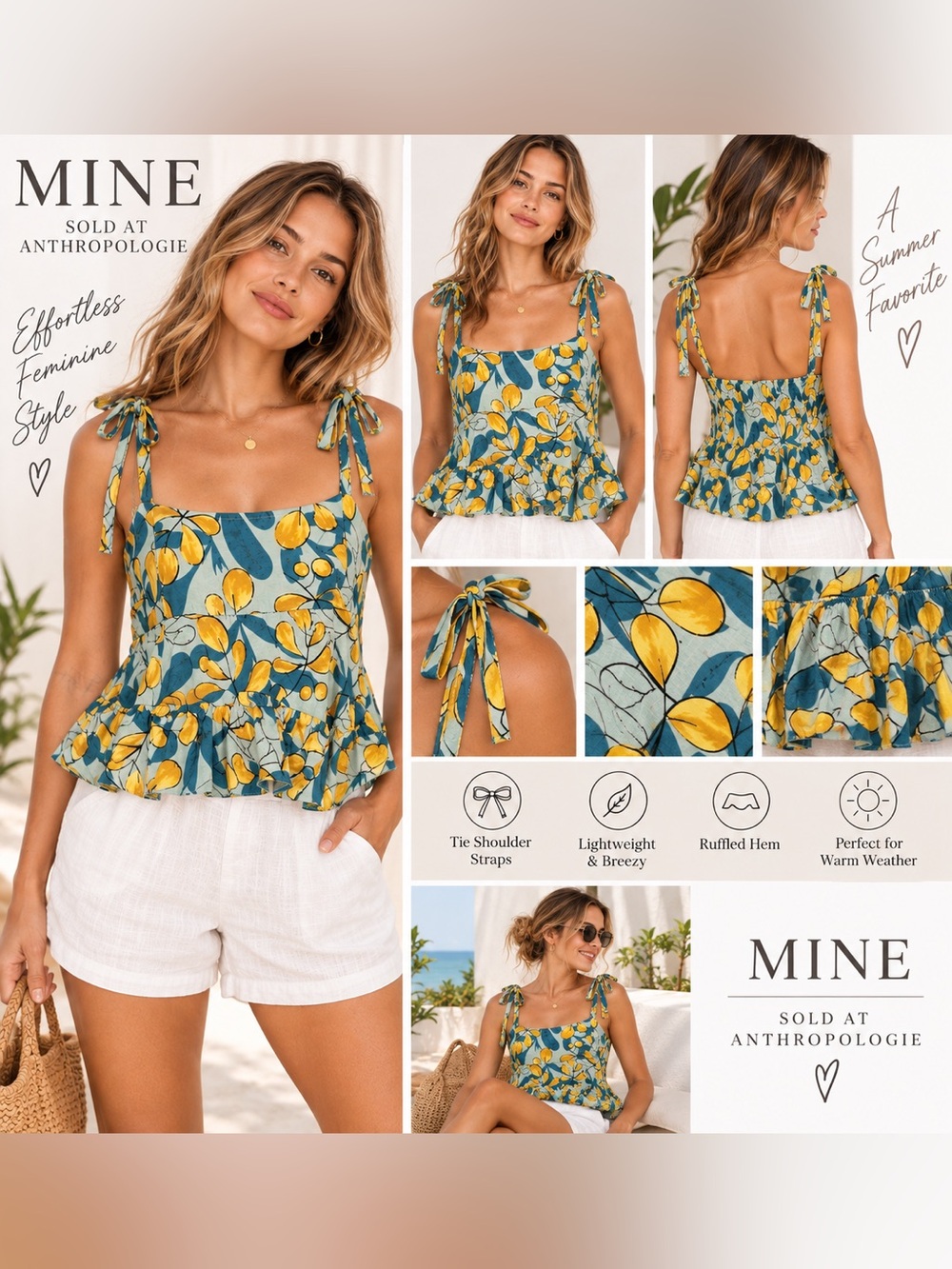 Mine Anthropologie Floral Tie Strap Peplum Tank Top Blue Yellow L